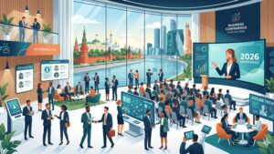 Современная иллюстрация интерьера конференц-зала в Москве для статьи о трендах организации бизнес-мероприятий 2026 года