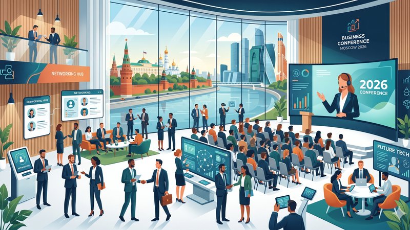 Современная иллюстрация интерьера конференц-зала в Москве для статьи о трендах организации бизнес-мероприятий 2026 года